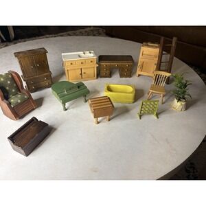 Vintage Wooden Dollhouse Mini Furniture Lot Piano Desk Rocking Chair Toy Ice box